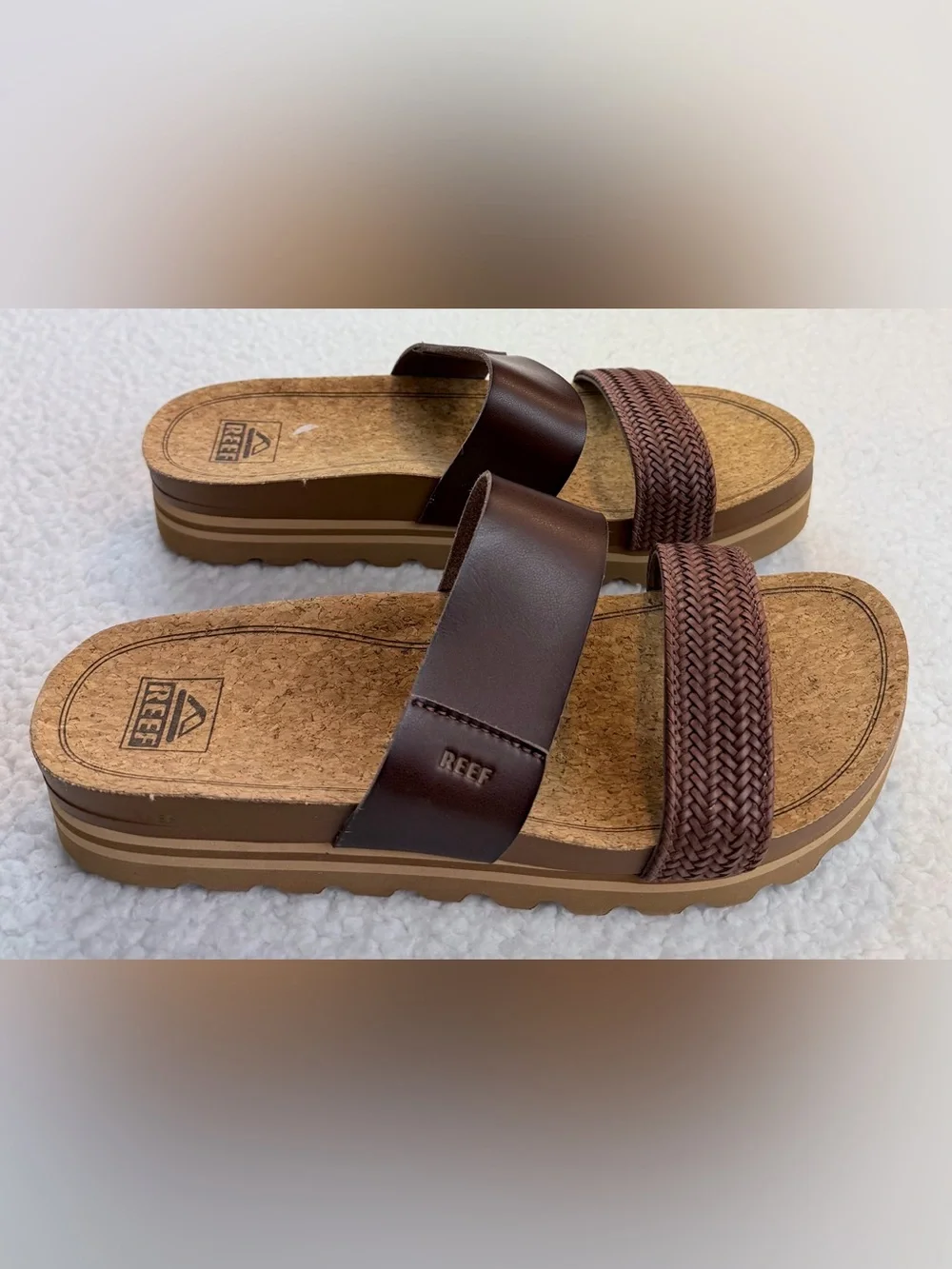 REEF • Brown Cushion Vista Hi Dual-Strap Braided Platform Slide Sandals, 10